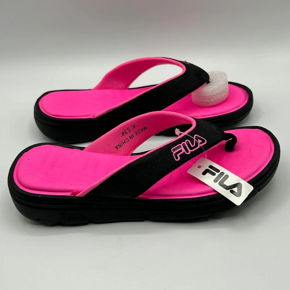 FILA Leana Girls Flip Flop Sandals Black Neon Pink Size 3 Athletic Beach NIB